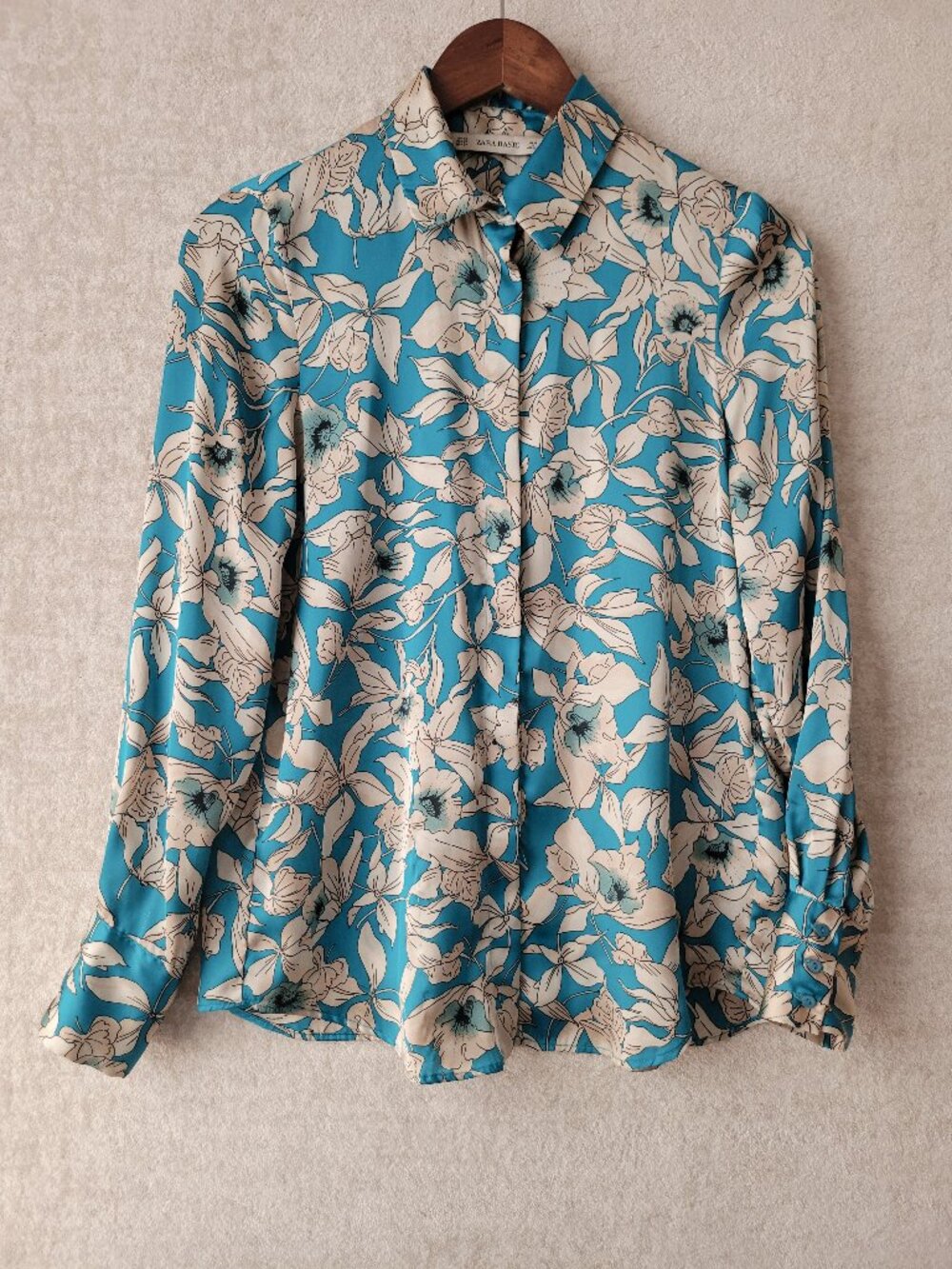Zara Basic Satin Button Down Shirt XS Womens Turquoise Beige Long Sleeve Floral
